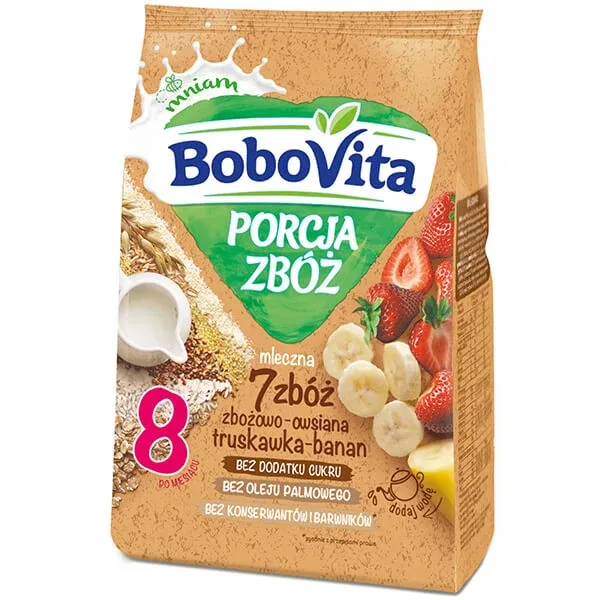 BoboVita Porcja Zbóż Porridge cereal-oat 7 cereale, căpșuni-banană, lactate, fără zahăr adăugat, după 8 luni, 210 g — preț și oferte