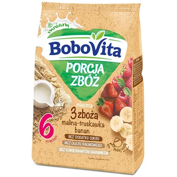 BoboVita Porcja Zbóż terci 3 cereale, zmeură, căpșuni, banane, lapte, fără zahăr adăugat, după 6 luni, 210 g — preț și oferte