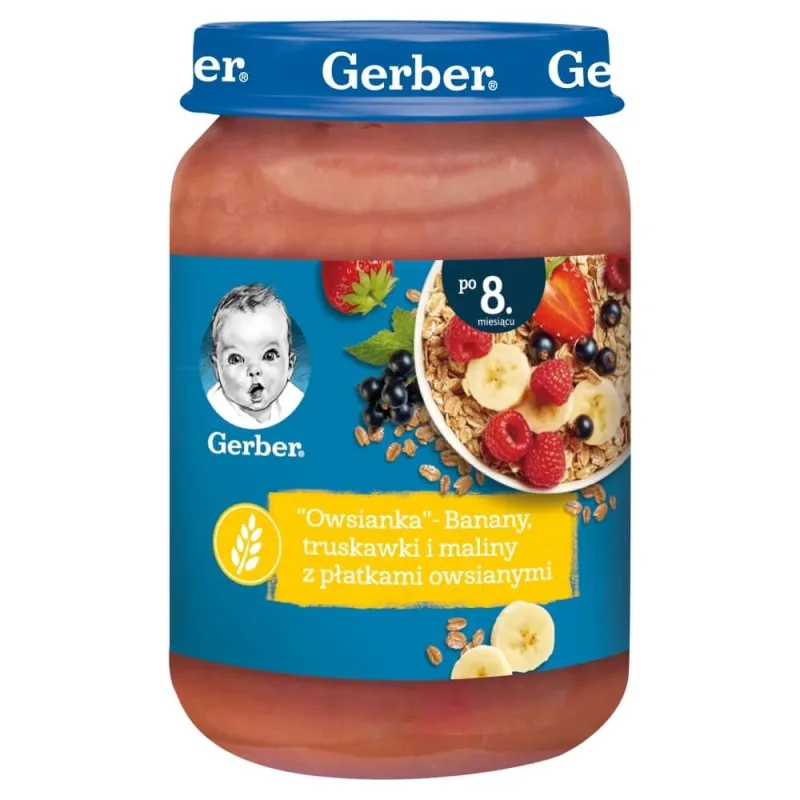 Gerber, Fulgi de ovăz, banane, căpșuni și zmeură cu fulgi de ovăz, după 8 luni, 190 g — preț și oferte