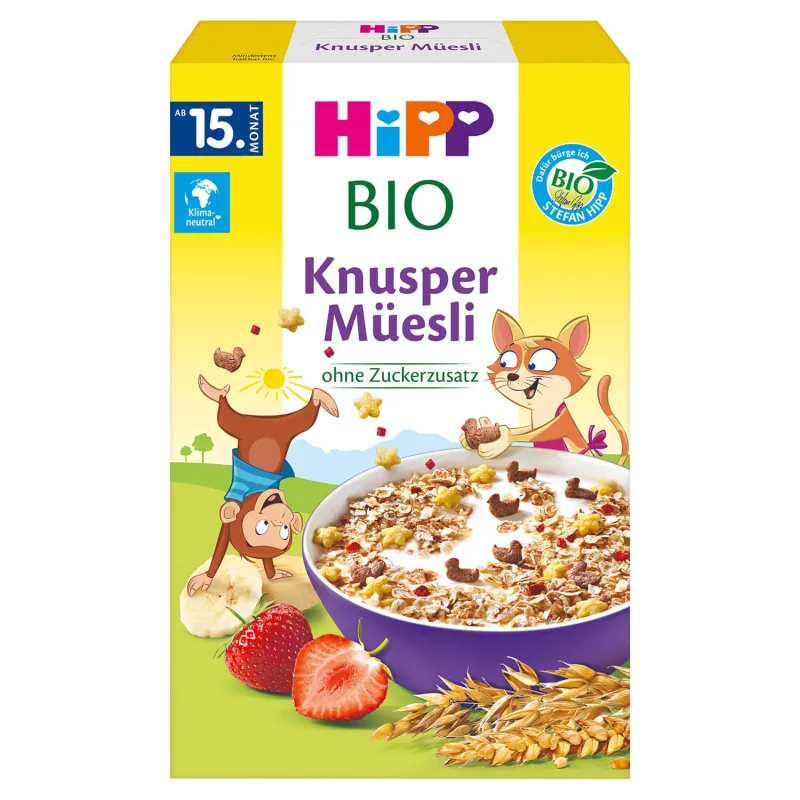 HiPP Musli Bio, banane și căpșuni, fără zahăr adăugat, de la 15 luni, 200 g — preț și oferte
