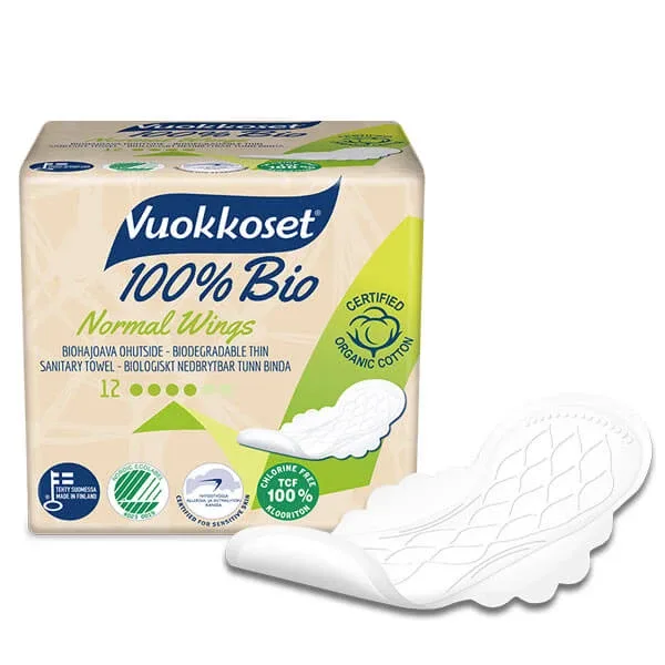 Vuokkoset, șervețele sanitare din bumbac organic, 100% Bio, Aripi normale, 12 bucăți — preț și oferte