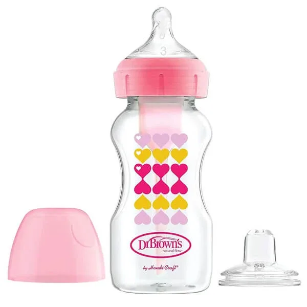 Dr Brown's Options+, Set de la biberon la ceașcă, biberon anti-colic, cu gât larg, 270 ml cu tetină, nivel 3 + gura fără picurare, roz — preț și oferte