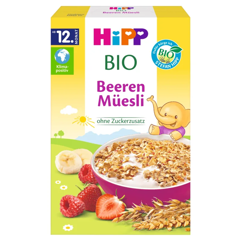 HIPP Bio Multigrain Muesli, căpșuni și zmeură, fără zahăr adăugat, de la 12 luni, 200 g — preț și oferte