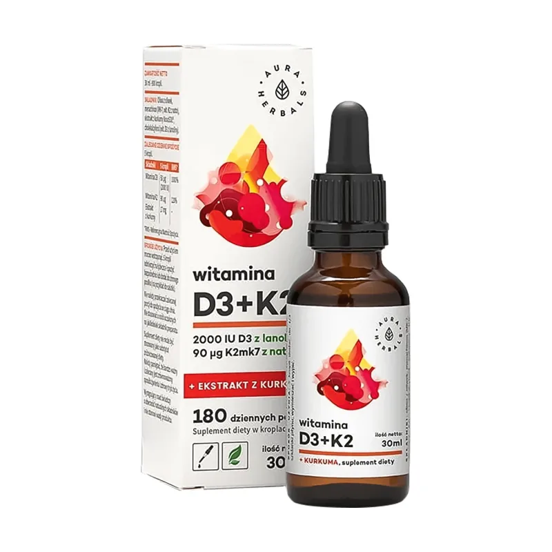 Aura Herbals Vitamina D3 + K2 + extract de turmeric, picături, 30 ml — preț și oferte
