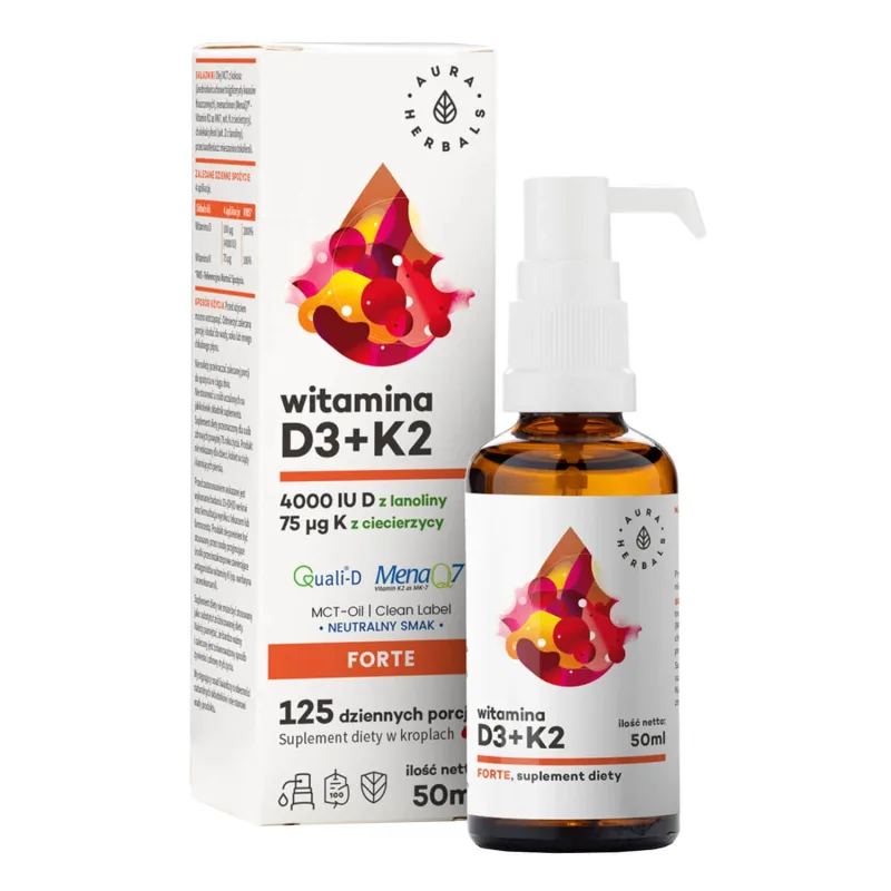 Aura Herbals Vitamina D3 4000 UI + K2 75 µg Forte, picături, 50 ml — preț și oferte