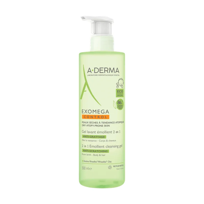 A-Derma Exomega Control 2in1, gel emolient pentru corp, față, păr, de la naștere, 500 ml — preț și oferte