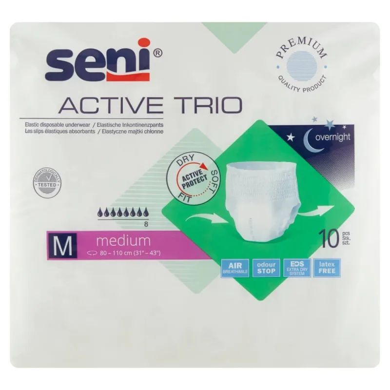 Seni Active Trio, slip absorbant flexibil, Mediu, 80-110 cm, 10 bucăți — preț și oferte