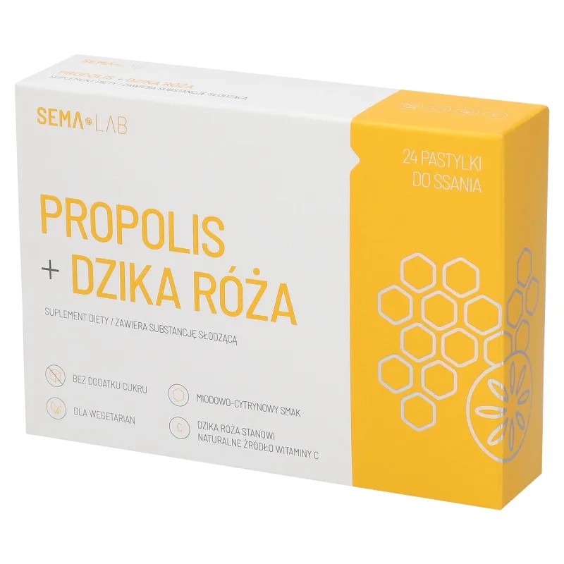 SEMA Lab Propolis + trandafir sălbatic, aromă de miere și lămâie, 24 pastiluțe — preț și oferte