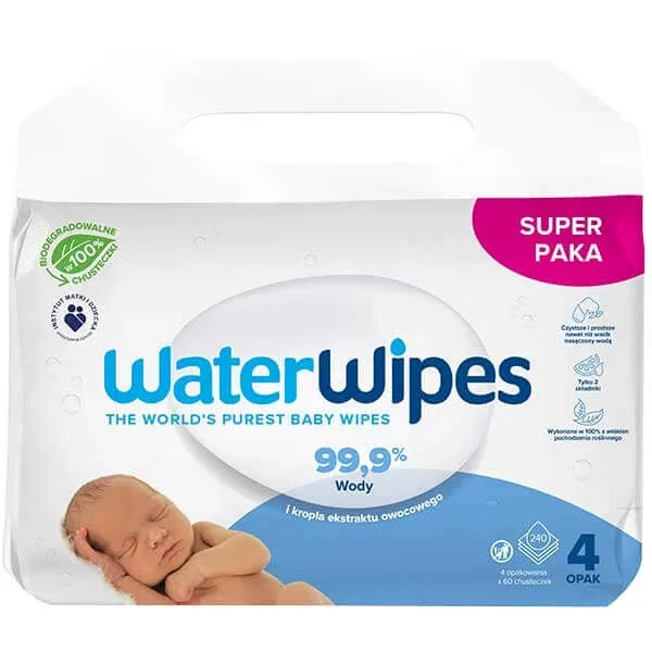 WaterWipes Bio, șervețele umede, apă, de la naștere, 4 x 60 buc — preț și oferte