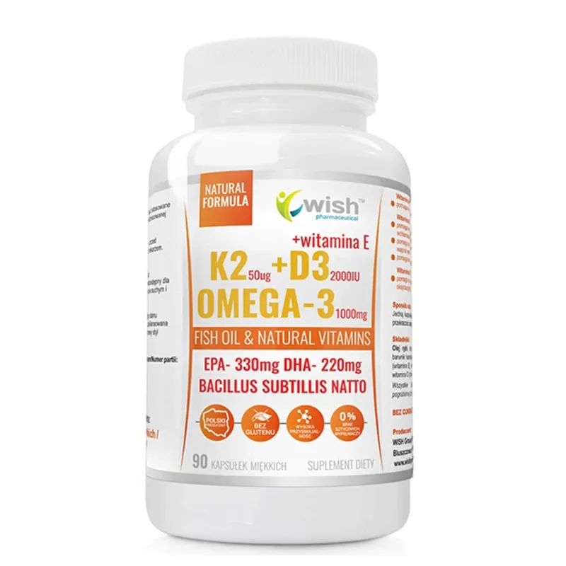 Wish K2 50 µg + D3 2000 UI + Omega-3 1000 mg + vitamina E, 90 capsule moi — preț și oferte
