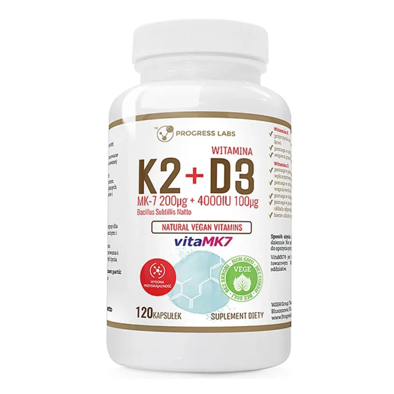 Progress Labs Vitamina K2 MK-7 200 µg + D3 4000 UI 100 µg, 120 capsule vegane — preț și oferte