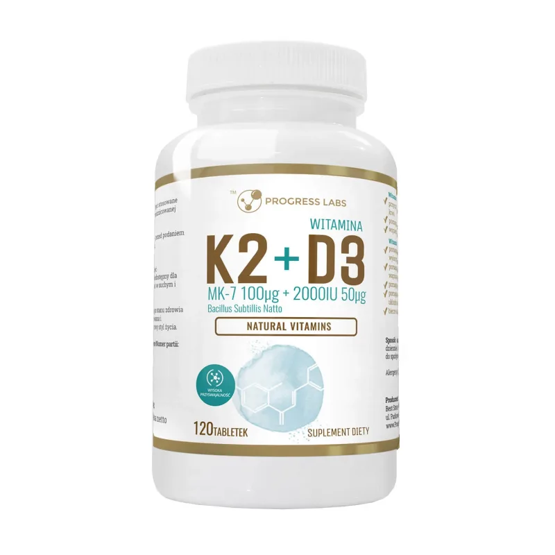 Progress Labs Vitamina K2 MK-7 din Natto 100 μg + D3 2000 UI 50 μg, 120 comprimate — preț și oferte