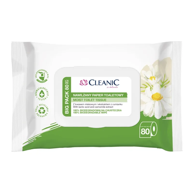 Cleanic, hârtie igienică umedă, acid lactic și extract de mușețel, 80 bucăți — preț și oferte
