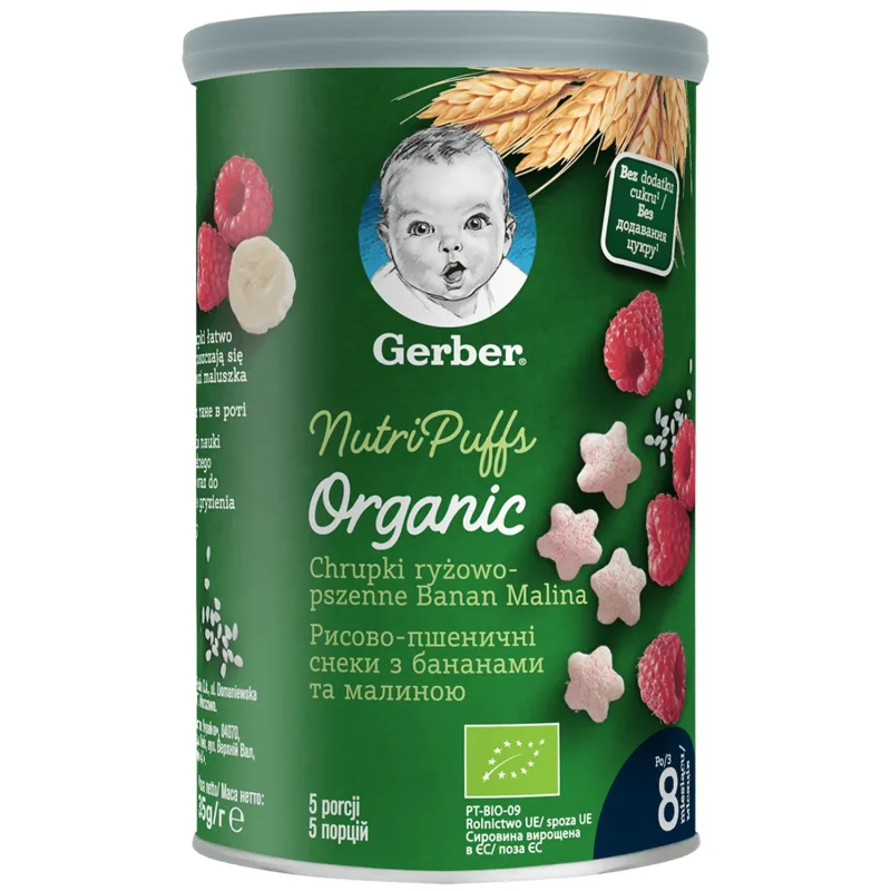 Gerber Organic, chipsuri de orez și grâu, banane, zmeură, de la 8 luni, 35 g — preț și oferte