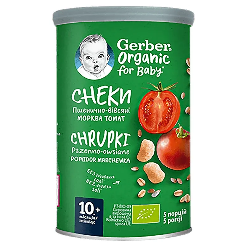 Gerber Organic, chipsuri cu grâu și ovăz, roșii, morcov, de la 10 luni, 35 g — preț și oferte