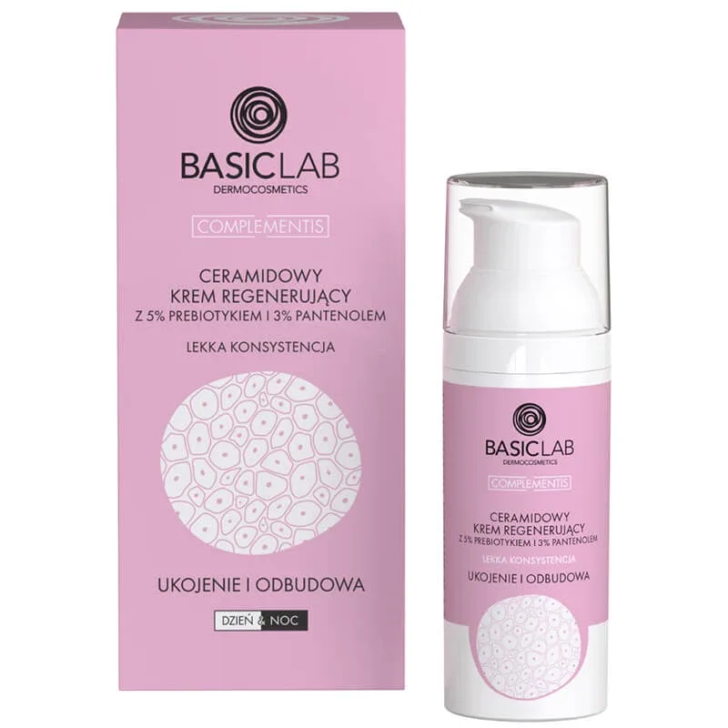BasicLab Complementis, cremă regeneratoare de ceramide cu prebiotic 5% și pantenol 3%, calmantă și reparatoare, textură ușoară, 50 ml — preț și oferte