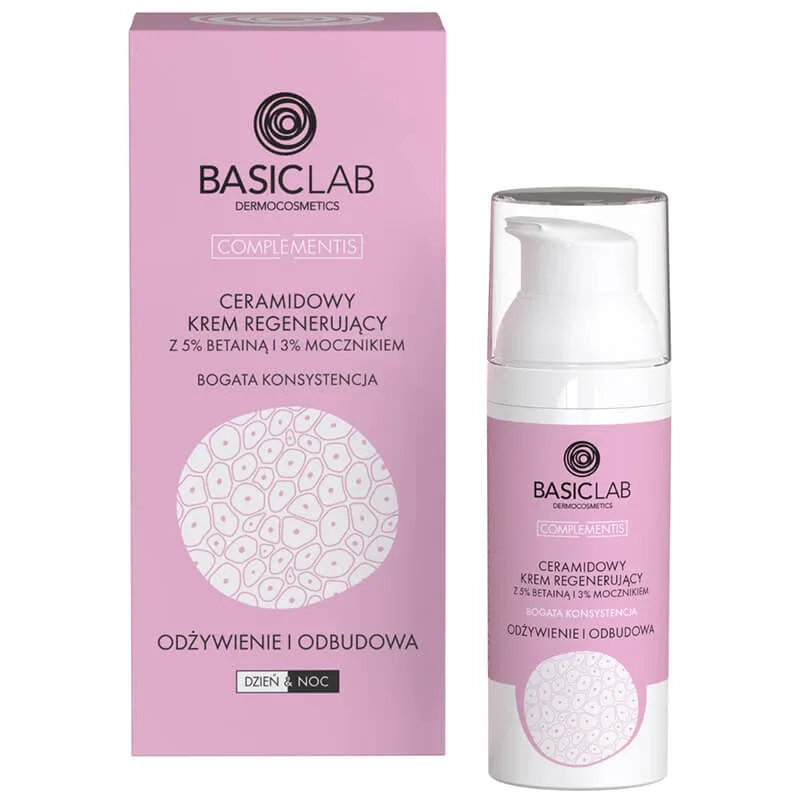 BasicLab Complementis, cremă regeneratoare de ceramide cu betaine 5% și uree 3%, hrănire și reconstrucție, textură bogată, 50 ml — preț și oferte