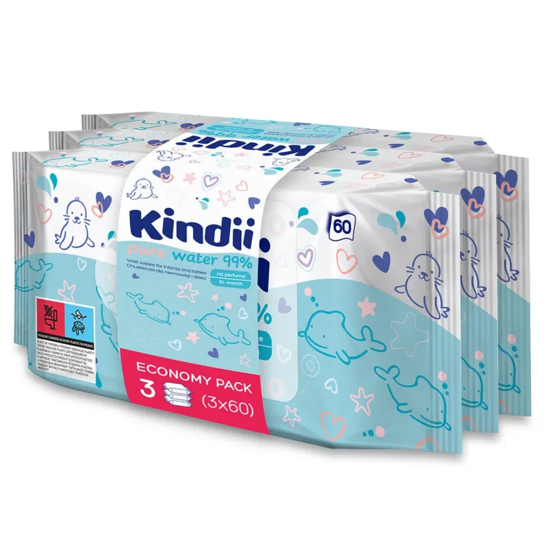 Kindii Pure Water 99%, șervețele umede pentru bebeluși și copii, 3 x 60 bucăți — preț și oferte