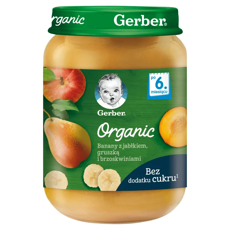 Gerber Desert organic, banane cu mere, pere și piersici, după 6 luni, 190 g — preț și oferte