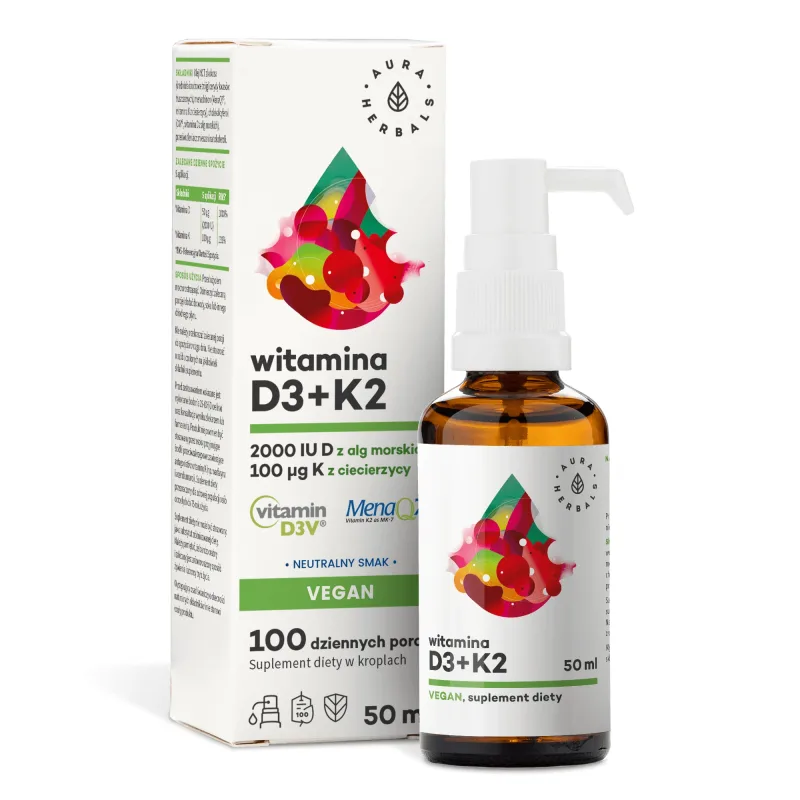 Aura Herbals Vitamina D3 2000 UI + K2 100 μg Vegan, picături, 50 ml — preț și oferte