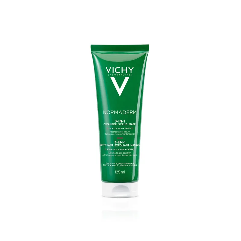 Vichy Normaderm Cleanser Scrub Mask, gel de curățare, scrub și mască de curățare 3 în 1, 125 ml — preț și oferte