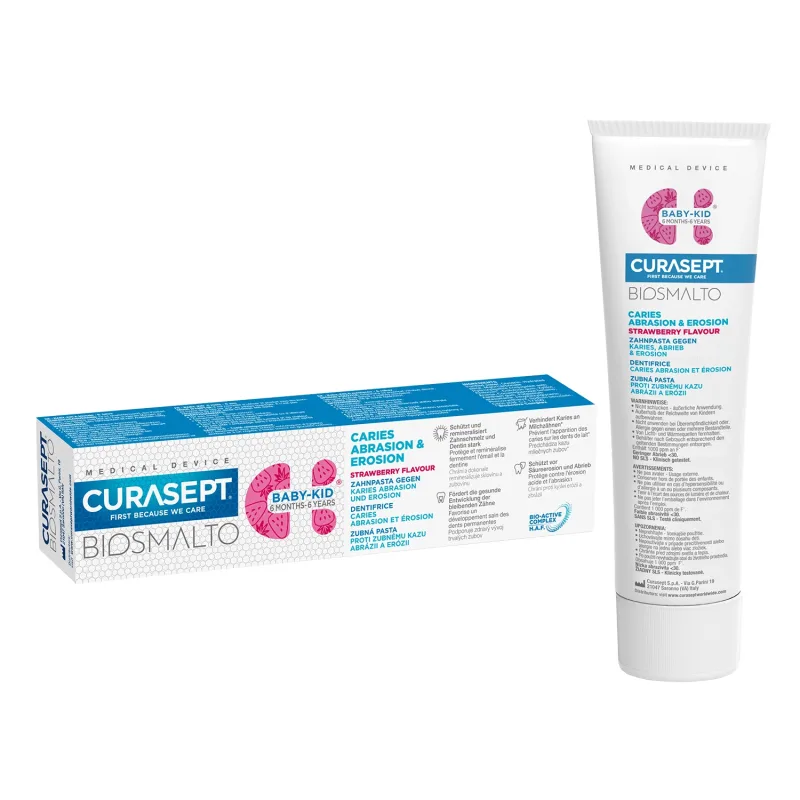 Curasept Biosmalto Baby-Kid, pastă de dinți pentru bebeluși și copii, aromă de căpșuni, de la 6 luni la 6 ani , 50 ml — preț și oferte