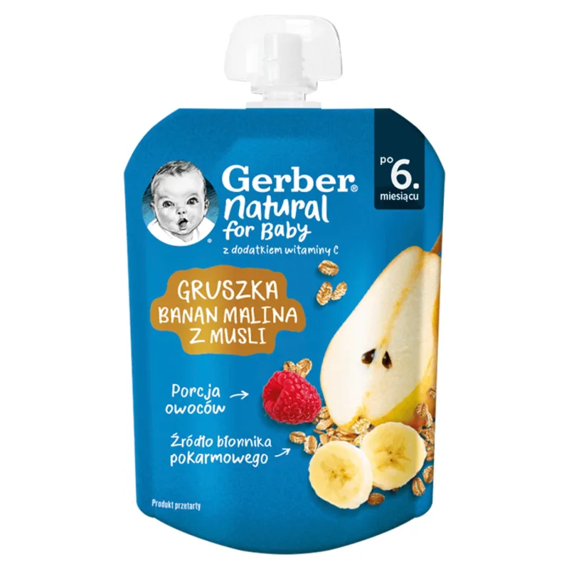 Gerber Desert în tub, pere, banane, zmeură cu muesli, după 6 luni, 80 g — preț și oferte