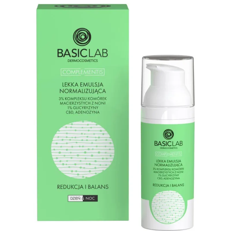 BasicLab Complementis, emulsie normalizantă ușoară cu complex de celule stem noni 3%, reducere și echilibru, 50 ml — preț și oferte