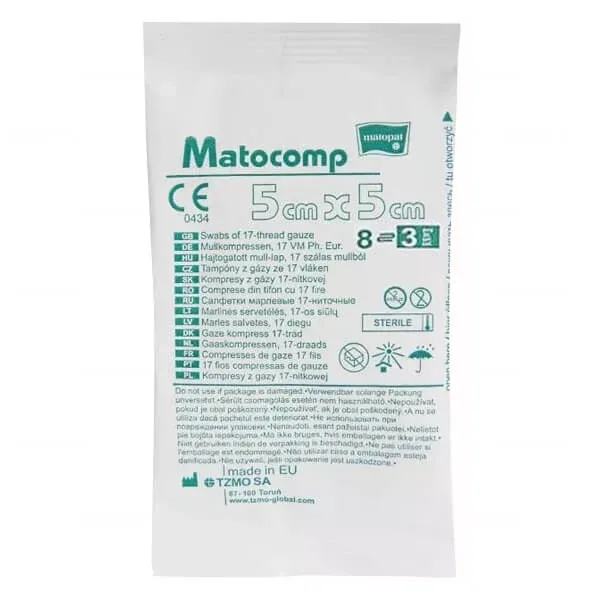 Matopat Matocomp Matocomp, comprese de tifon sterile, cu 17 fire, 8 straturi, 5 cm x 5 cm, 3 bucăți — preț și oferte