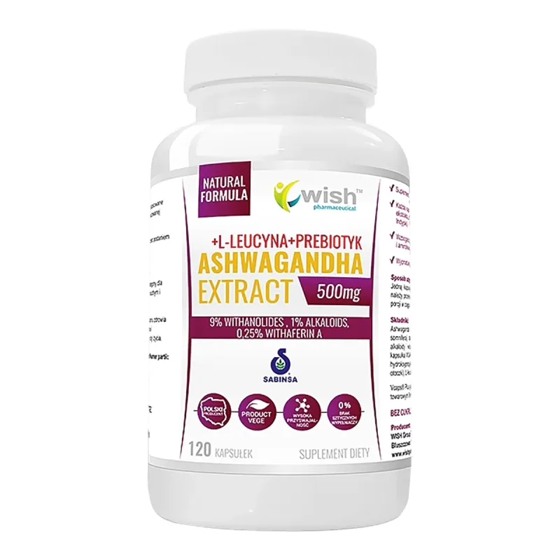 Wish Ashwagandha Extract, ashwagandha 500 mg + L-leucină + prebiotic, 120 capsule — preț și oferte