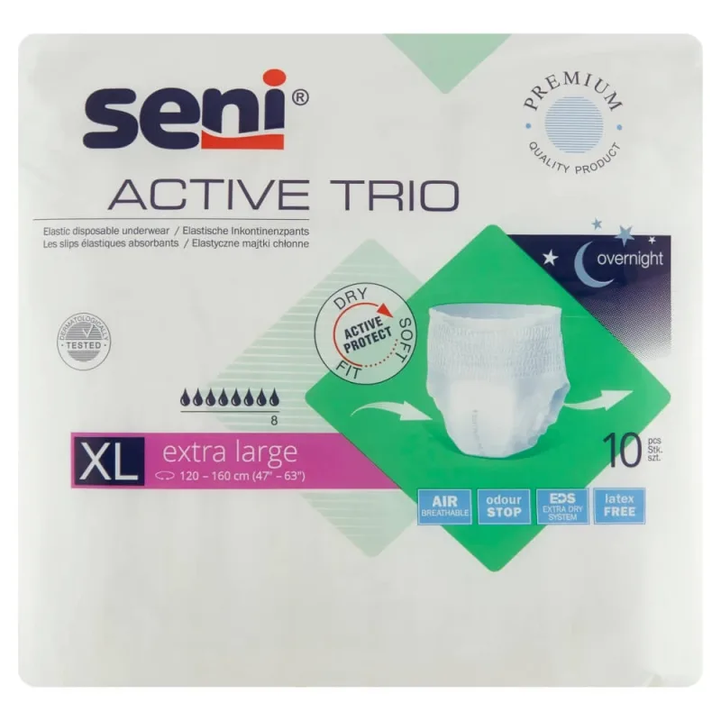 Seni Active Trio, chiloți absorbanți flexibili, Extra Large, 120-160 cm, 10 bucăți — preț și oferte