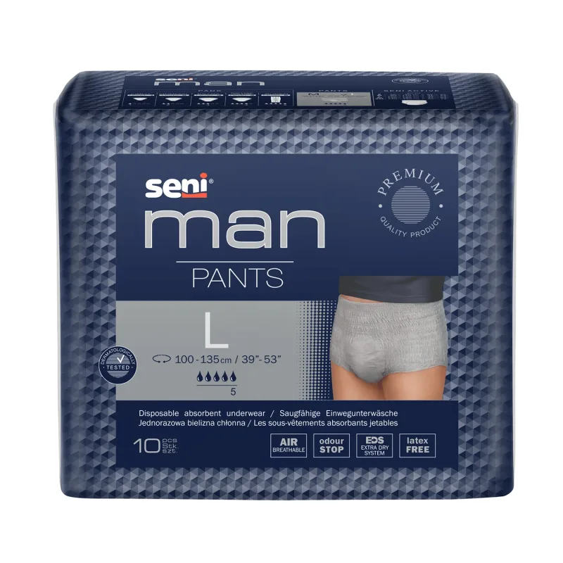 Seni Man Pants, chiloți absorbanți, mărimea L, 100-135 cm, 10 bucăți — preț și oferte