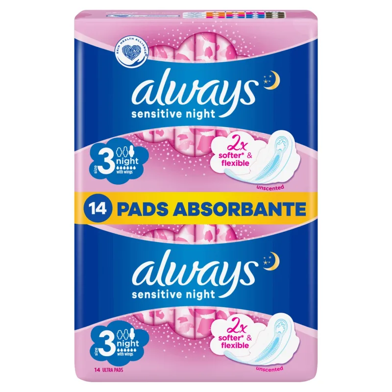 Always Ultra Night Sensitive, prosoape igienice cu aripi, 14 buc — preț și oferte