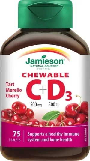 JAMIESON VITAMINE C și D3 cireșe 500 mg/ 500 UI 1×75 tbl, VITAMINE C și D3, cireșe