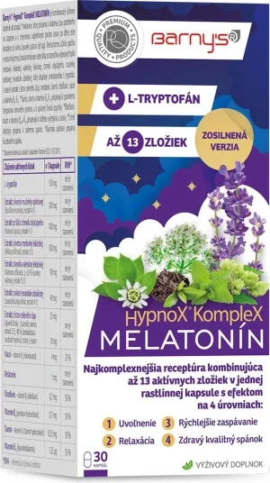Barny's® HypnoX® KompleX MELATONIN 30 cps 1×30 cps, un complex de 13 substanțe pentru a promova adormirea mai rapidă și somnul bun