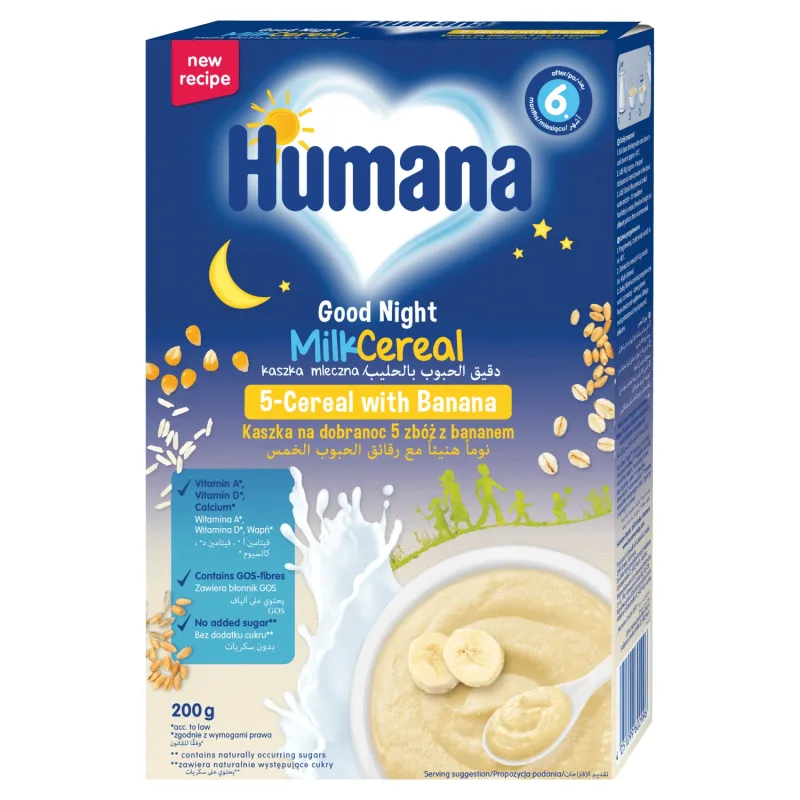 Humana Bedtime porridge 5 cereale cu banane, lapte, fără zahăr adăugat, după 6 luni, 200 g — preț și oferte