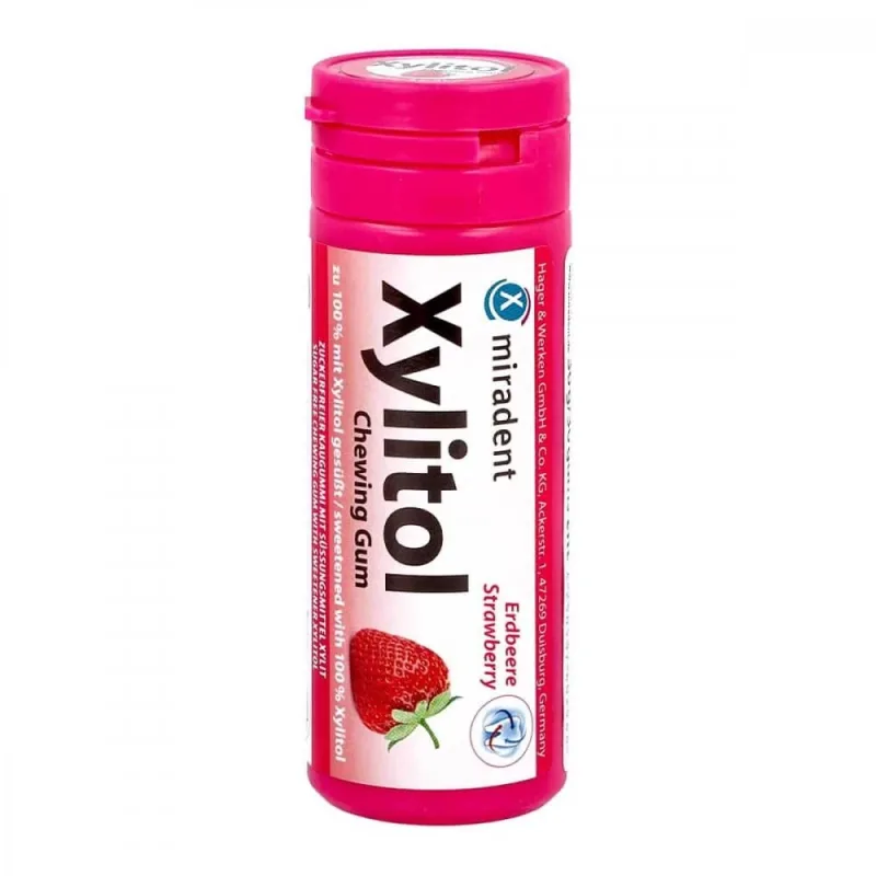 Miradent Xylitol, gumă de mestecat cu xilitol pentru copii, aromă de căpșuni, 30 bucăți — preț și oferte