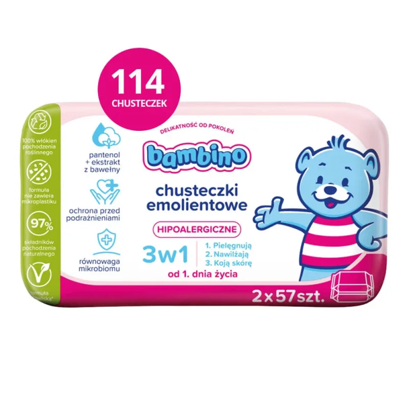 Bambino, șervețele emoliente 3in1, pachet de două, 2 x 57 bucăți — preț și oferte