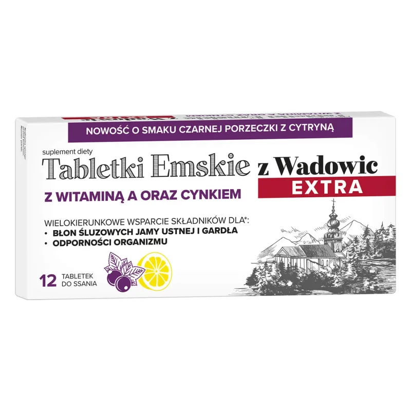 Emskie z Wadowic Extra comprimate cu vitamina A și zinc, de la vârsta de 6 ani, aromă coacăze negre cu lămâie, 12 pastile — preț și oferte