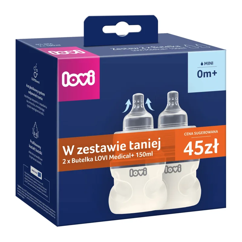 Lovi Medical+ set, biberon anti-colic cu tetină dinamică, mini, de la naștere, 2 x 150 ml — preț și oferte