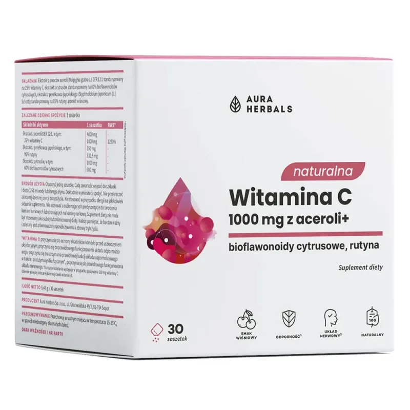 Aura Herbals Vitamina C naturală 1000 mg din acerola, 30 pliculețe — preț și oferte