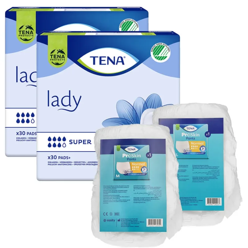 Set Tena Lady, prosoape sanitare specializate, Super, 2 x 30 buc + ProSkin Pants Chiloți absorbanți normali, mărimea M și L, 2 mostre — preț și oferte