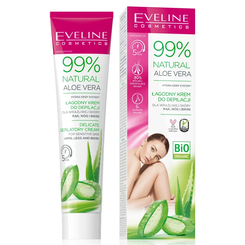 Eveline Cosmetics 99% Aloe Vera naturală, cremă pentru îndepărtarea părului de pe mâini, picioare și bikini, 125 ml — preț și oferte