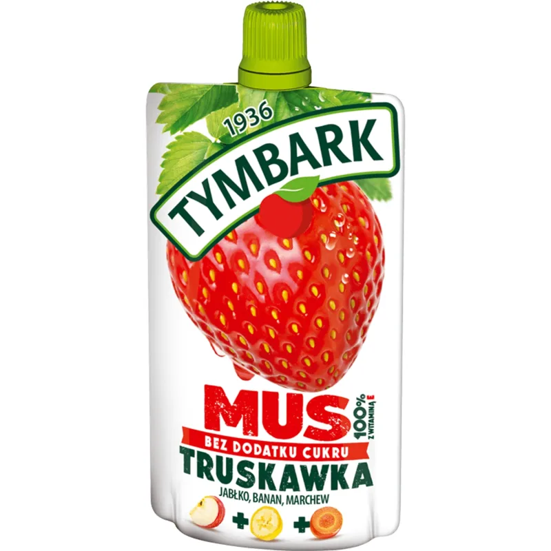 Tymbark Mousse în tub 100%, căpșuni, mere, banane, morcovi, fără zahăr adăugat, 120 g — preț și oferte