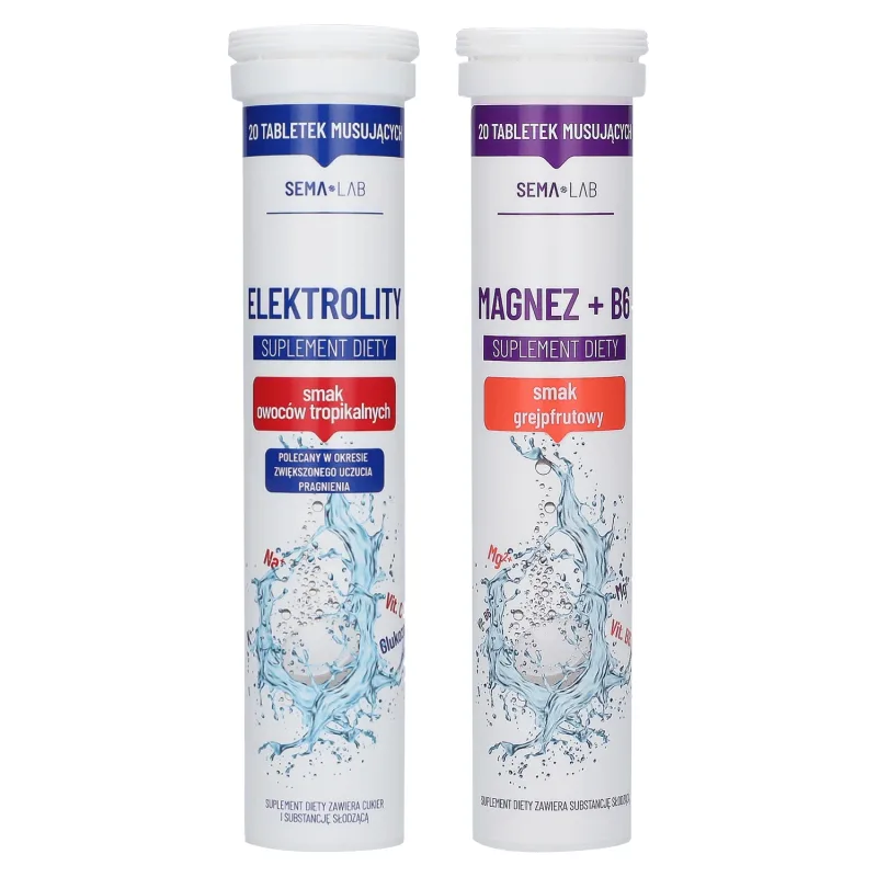 Set SEMA Lab Electrolytes, aromă de fructe tropicale, 20 comprimate efervescente + SEMA Lab Magnesium + B6, aromă de grapefruit, 20 comprimate efervescente — preț și oferte