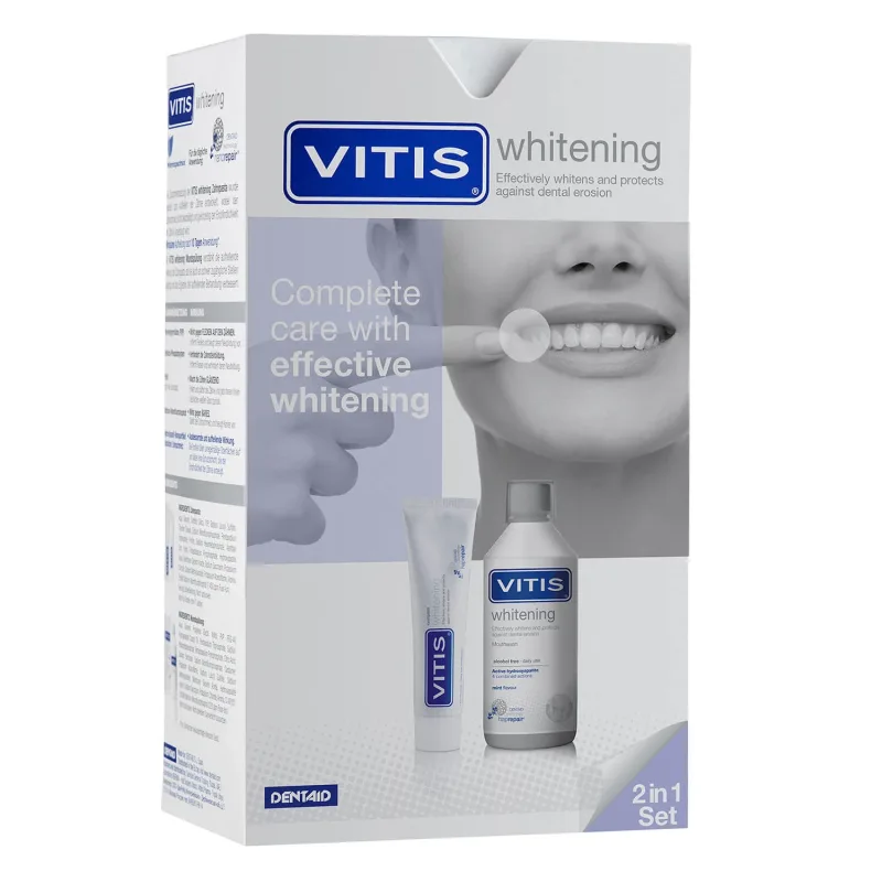 Kit Vitis Whitening, apă de gură, 500 ml + pastă de dinți, 100 ml — preț și oferte