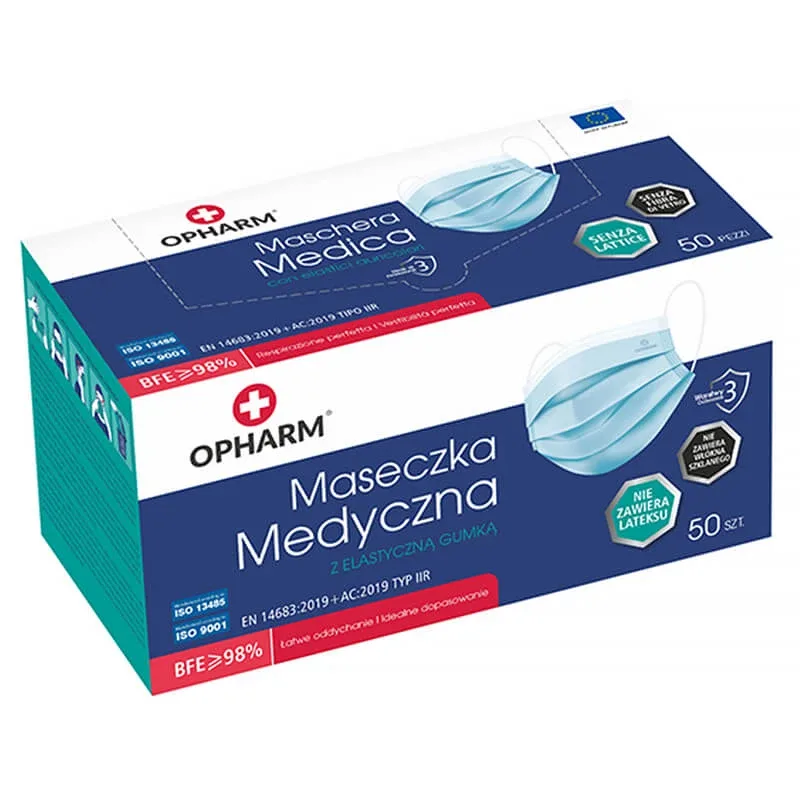 Opharm, mască medicală, de unică folosință, 3 straturi, tip IIR, albastru, 50 bucăți — preț și oferte