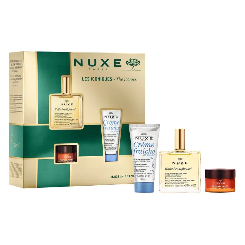 Nuxe Bestsellers set Huile Prodigieuse, ulei uscat, 50 ml + balsam de buze hrănitor, 15 g + cremă hidratantă 3 în 1, 100 ml — preț și oferte