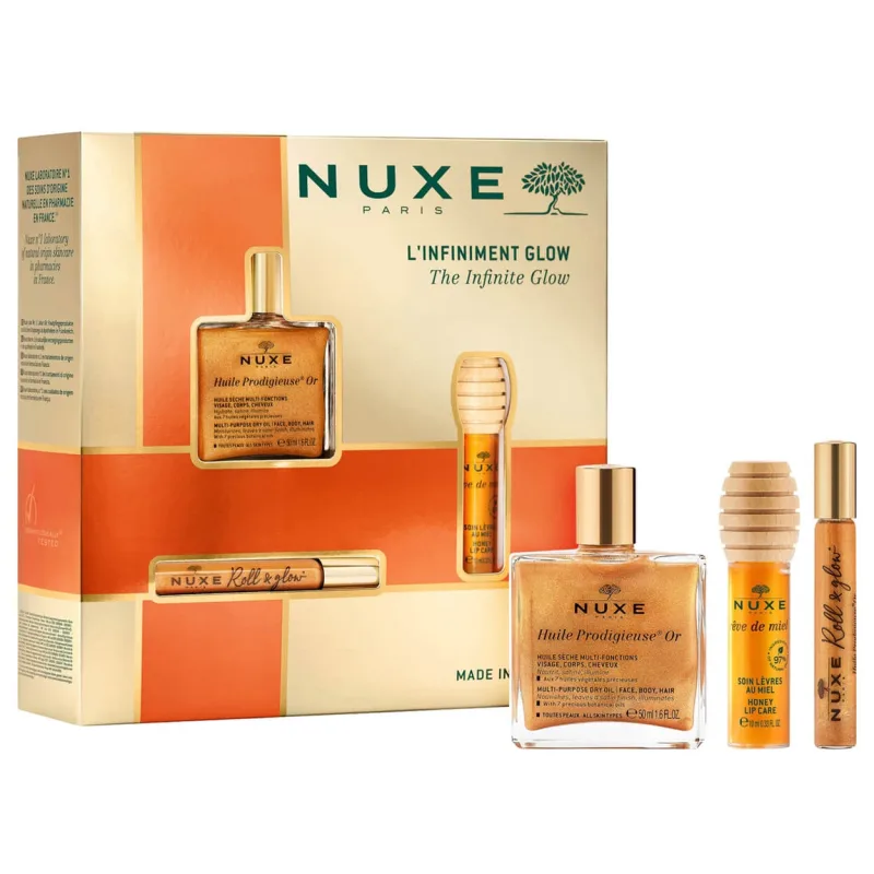 Nuxe Glow Huile Prodigieuse Or set, ulei roll-on, 8 ml + ulei de buze, 10 ml + ulei uscat, 50 ml — preț și oferte