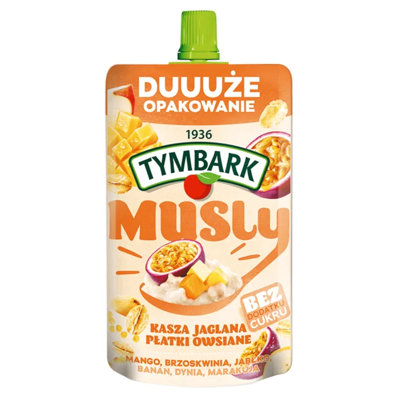Tymbark Musly într-un tub, hrișcă, fulgi de ovăz, mango, piersici, mere, banane, dovleac, fructul pasiunii, fără zahăr adăugat, 170 g — preț și oferte